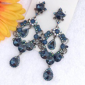 Large Boho Earrings Teal Rhinestone Post Drops NWT